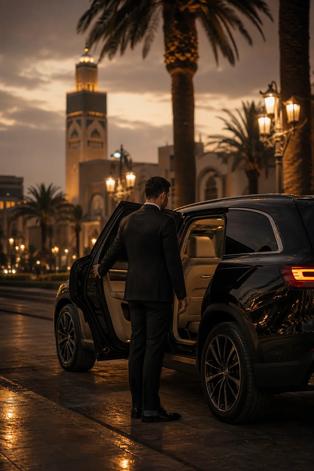 AeroRoute chauffeur beside a black SUV in Casablanca