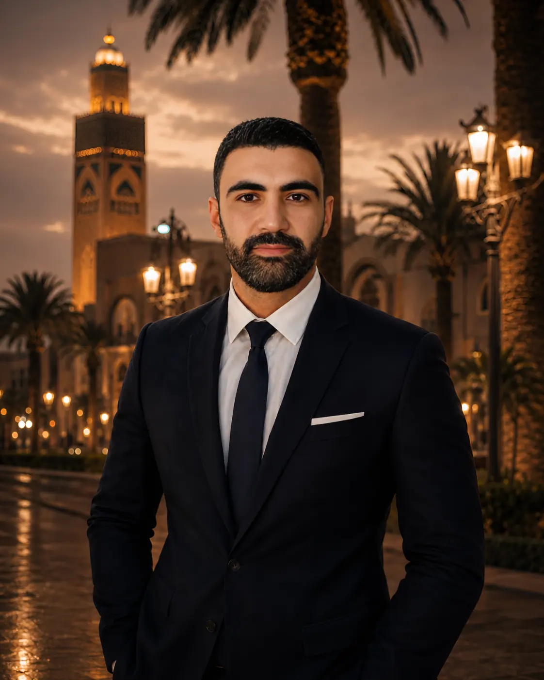 AeroRoute chauffeur opening a black luxury vehicle in Casablanca at dusk