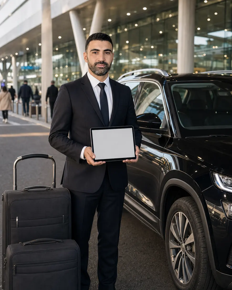 AeroRoute chauffeur waiting at Casablanca airport with luggage