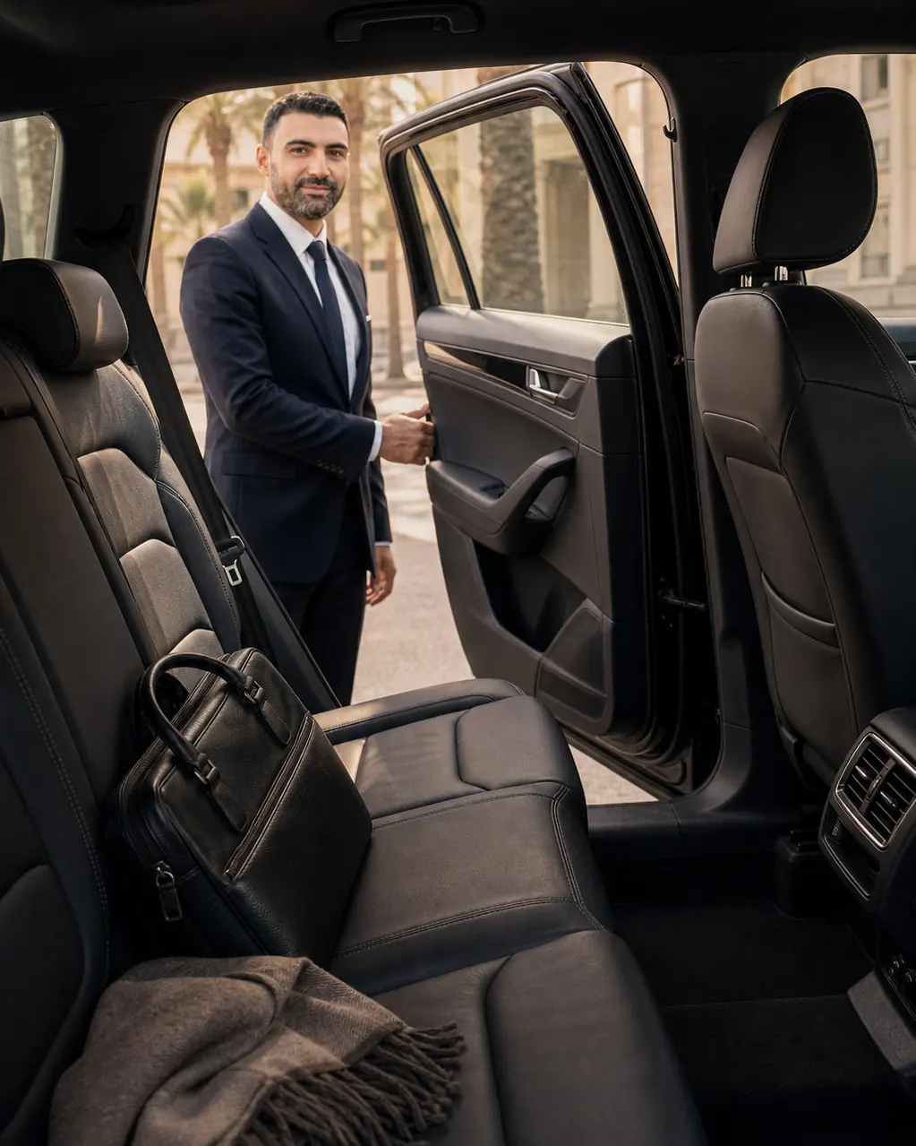 Comfortable rear passenger seats in an AeroRoute chauffeur vehicle