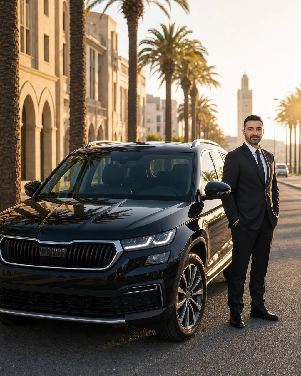 Black AeroRoute chauffeur SUV on a palm-lined Casablanca boulevard